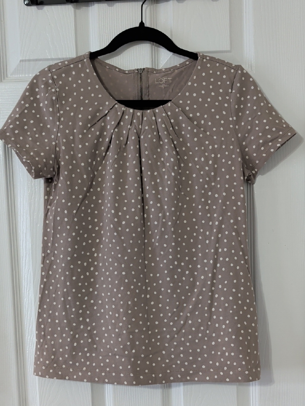 LOFT Taupe Polka Dot Pleated Scoop Neck Blouse